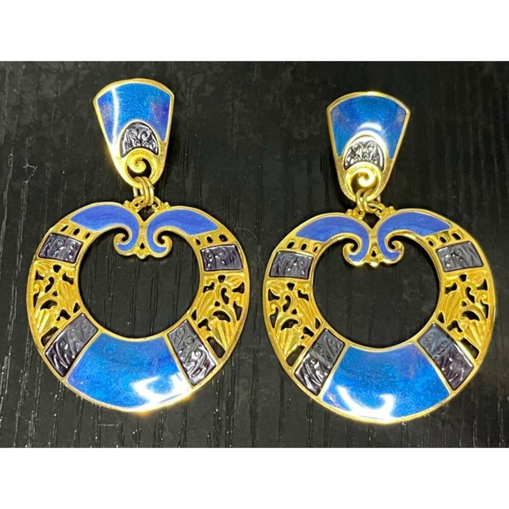 Vintage Edgar Berebi Etruscan Style Enamel Painted Screw Back Dangly Earrings